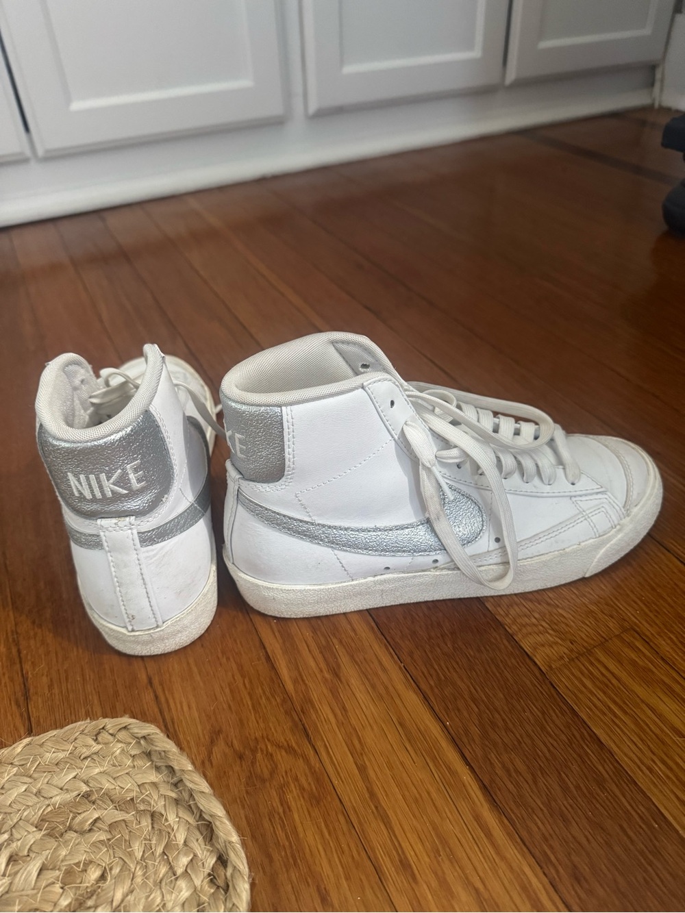 Nike Kids White High-Top Sneakers with Silver Swoosh